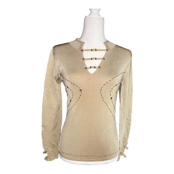 momento Tops - Momento Y2K Strappy Top | Beige Cutout Long Sleeve Small